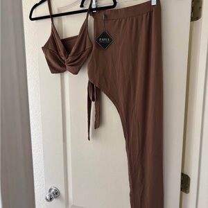 Zaful Brown Asymmetrical Skirt Set